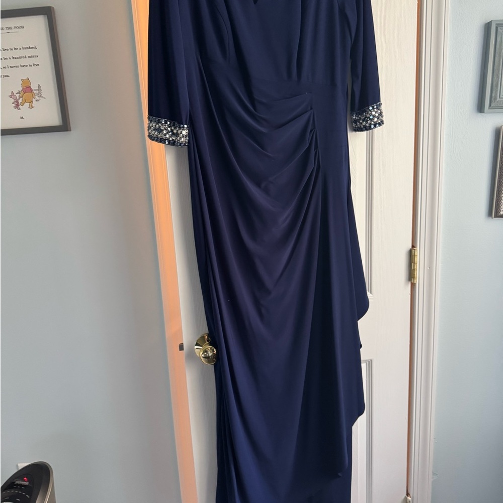 Elegant Navy Blue Dress with Embellished Sleeves